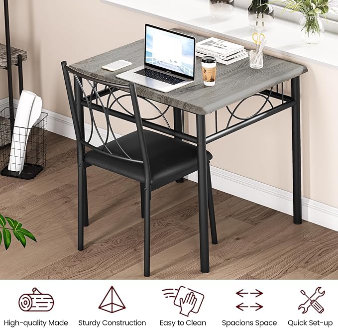 Dining Table Set for 2, 3 Piece Kitchen Table Set with 2 Upholstered Chairs, Square Kitchen Table Set for Small Space, Apartment, Dining Room, Retro Gray - LeafyLoom