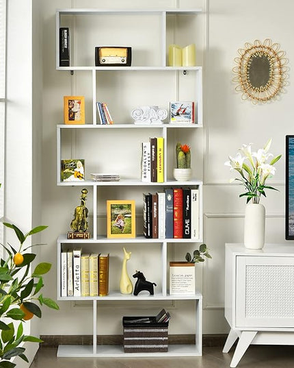 BETTARY 6-Tier Bookshelf, Freestanding S-Shaped Geometric Display Shelf, Modern Tall Bookcase for Home Office, Living Room, Bedroom, White - LeafyLoom