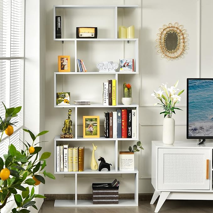 BETTARY 6-Tier Bookshelf, Freestanding S-Shaped Geometric Display Shelf, Modern Tall Bookcase for Home Office, Living Room, Bedroom, White - LeafyLoom