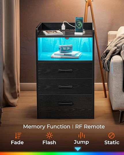 SUPERJARE File Cabinet with Charging Station and LED Light Strips, Drawers, End Table with USB Ports and Outlets, Black - LeafyLoom