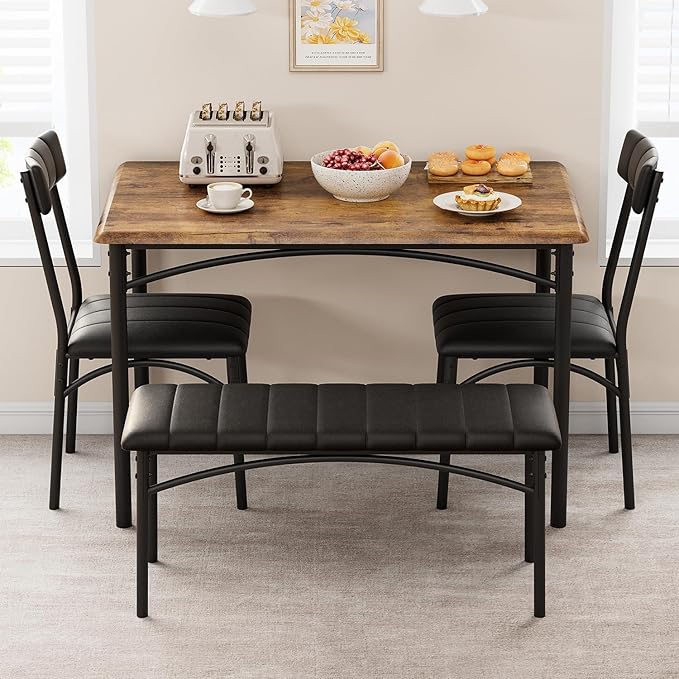 GAOMON Dining Table Set for 4, Kitchen Table with Upholstered Chairs and Bench, 4-Person Dining Room Table Set, Rectangular Kitchen Table Set for Small Space, Apartment, Home, Studio, Rustic Brown - LeafyLoom