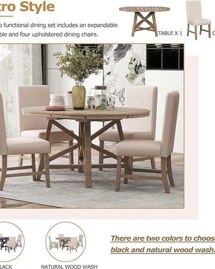 Merax 5-Piece Retro Wood Dining Set for 4 with Extendable Round Table and 16" Removable Middle Leaf, Including 4 Upholstered Backrest Cusioned Chairs, for Kitchen, Living Room, Natural Wood Wash - LeafyLoom
