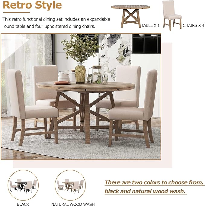 Merax 5-Piece Retro Wood Dining Set for 4 with Extendable Round Table and 16" Removable Middle Leaf, Including 4 Upholstered Backrest Cusioned Chairs, for Kitchen, Living Room, Natural Wood Wash - LeafyLoom