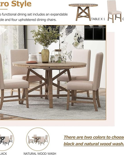 5-Piece Retro Wooden Round Extendable Dining Table Set with 4 Upholstered Chairs for Dinette Room and Kitchen (42", Natural Wood Wash), 42"-58" L x 42" W x 30" H - LeafyLoom