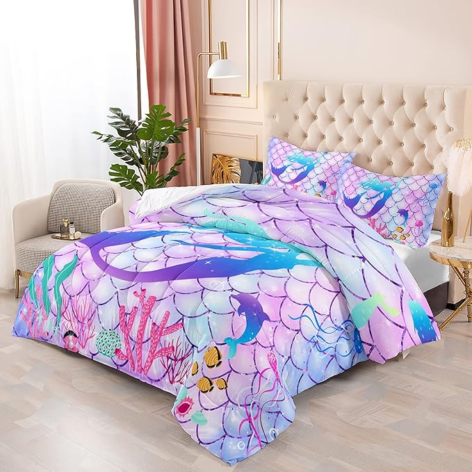 CVHOUSE Mermaid Comforter Set,Rainbow Mermaid Bedding Set for Girls Kids Teens,Rainbow Mermaid Comforter Mermaid Duvet Set Room Decor Quilt Set Twin Size - LeafyLoom