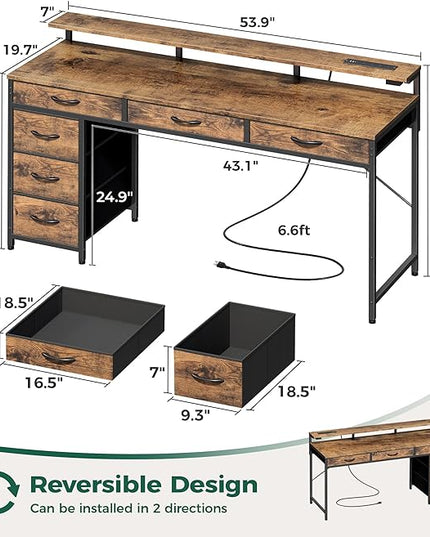 Gaming Desk with 6 Drawers, Computer Desk with LED Lights Power Outlets and Type-C, 54 Inch Office Desk with Storage, Monitor Stand, Writing Desk Work Desk for Home Office, Study, Rustic Brown - LeafyLoom