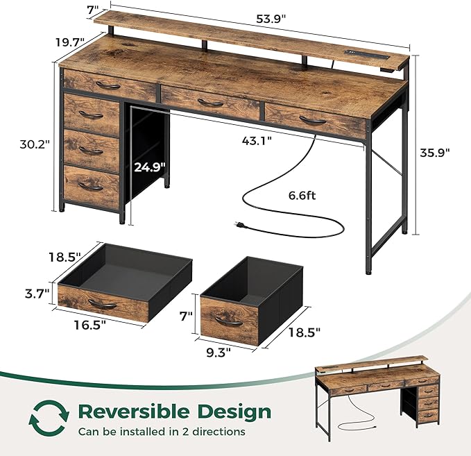Gaming Desk with 6 Drawers, Computer Desk with LED Lights Power Outlets and Type-C, 54 Inch Office Desk with Storage, Monitor Stand, Writing Desk Work Desk for Home Office, Study, Rustic Brown - LeafyLoom