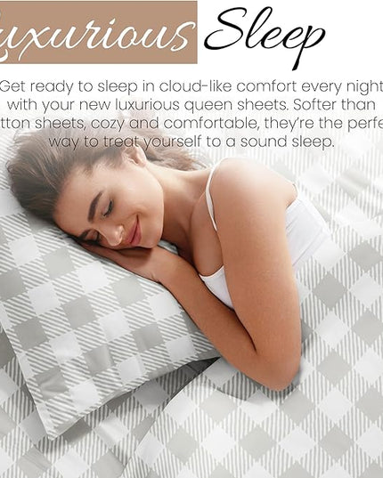 Linen Market 4 Piece Queen Bedding Sheet Set (Light Gray Plaid) - Sleep Better Than Ever with These Ultra-Soft & Cooling Bed Sheets for Your Queen Size Bed - Deep Pocket Fits 16" Mattress - LeafyLoom