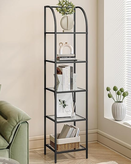 Bookcase Bookshelf, Tempered Glass Arched Bookshelf for More Storage, Slim Shelving Unit for Bedroom, Bathroom, Home Office, Steel Frame, 5 Tier Black BC20599B - LeafyLoom