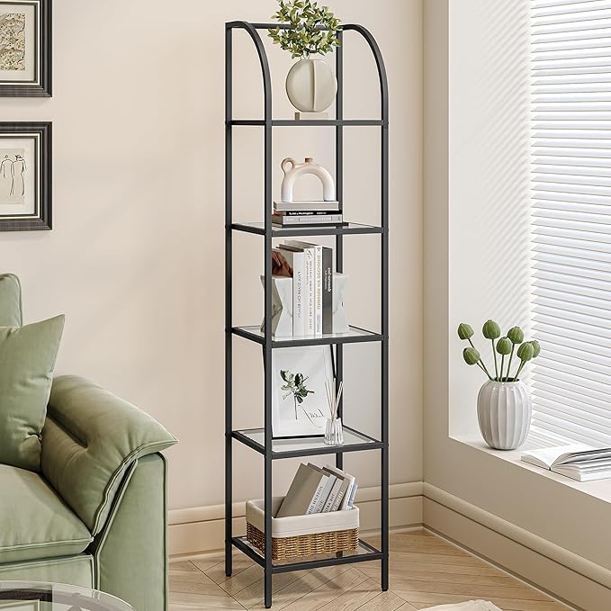 Bookcase Bookshelf, Tempered Glass Arched Bookshelf for More Storage, Slim Shelving Unit for Bedroom, Bathroom, Home Office, Steel Frame, 5 Tier Black BC20599B - LeafyLoom