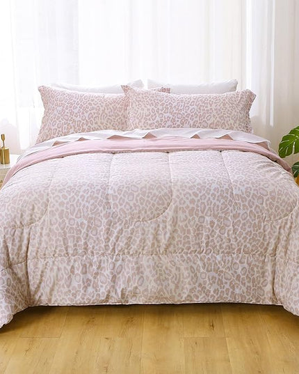 Printed King Bedding Sets with Comforter and Sheets, 7 Piece Bed in A Bag Comforter Set with Fluffy Microfiber, Stylish Pink Leopard Pattern - LeafyLoom