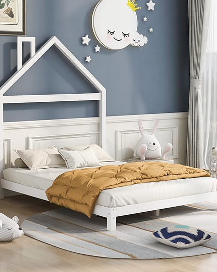 Jintop Full Size Wood Platform House-Shaped Headboard and Chimney,Bedroom Furniture Bed Frame W/ 10 Slat Support,Easy to Install,for Teens Kids Girls Boys,White - LeafyLoom