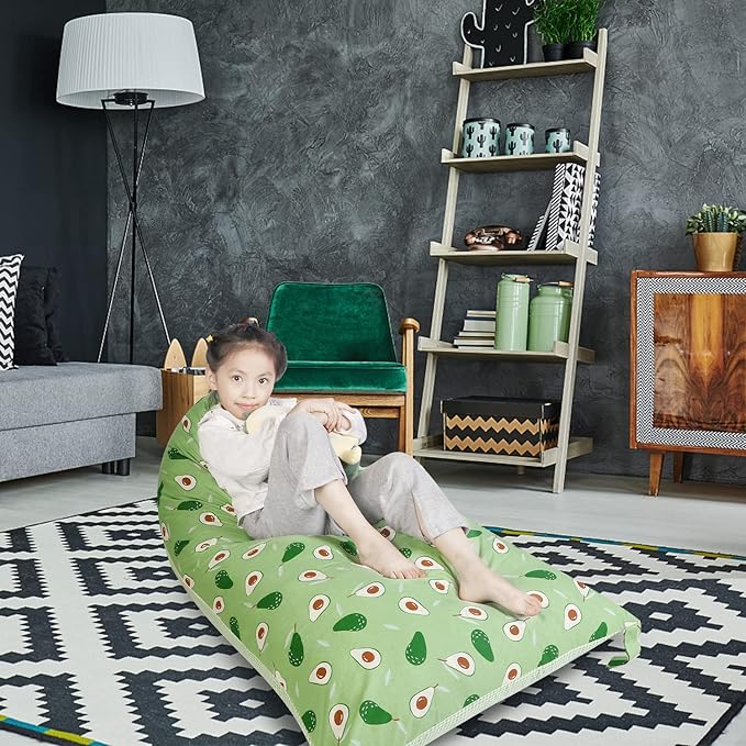 Stuffed Animal Storage Bean Bag Chair Cover, Cotton Green Avocado Plush Toy Storage Stuff and Sit Seat for Kids/Teens/Adults, 52" x 31" Extra Large Triangle Floor Sofa, 200L/52Gal, Cover Only - LeafyLoom