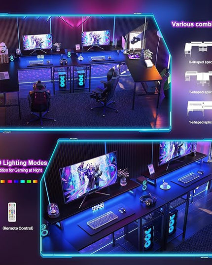 Reversible L Shaped Computer Desk with Magic Power Outlet and Smart LED Light, 55 Inch Large Office Corner Desk with Ergonomic Monitor Stand, Gaming Table with Storage, Grid Design, Black - LeafyLoom