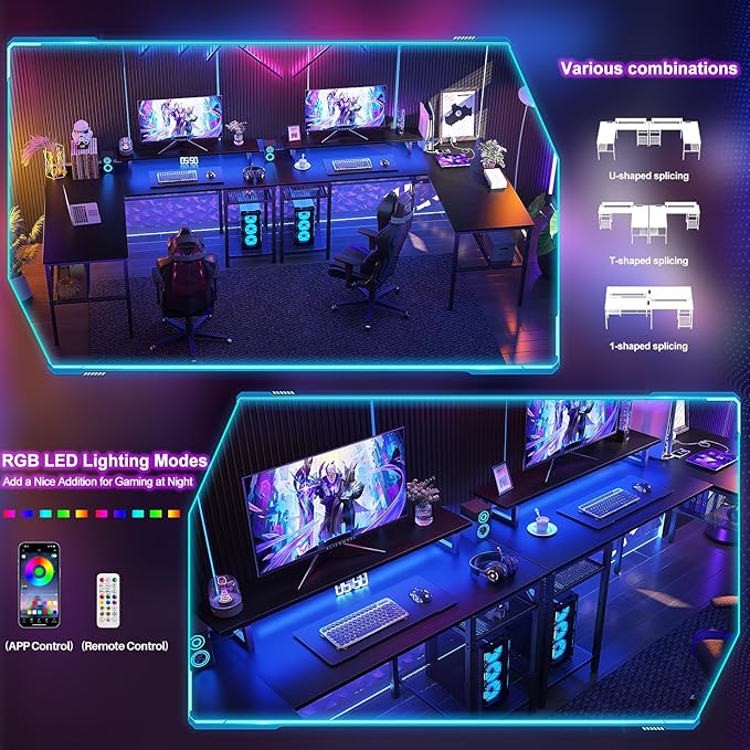 Reversible L Shaped Computer Desk with Magic Power Outlet and Smart LED Light, 55 Inch Large Office Corner Desk with Ergonomic Monitor Stand, Gaming Table with Storage, Grid Design, Black - LeafyLoom