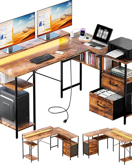 L-Shaped Home Office Desk with 2 Drawer Office Computer Desk with Monitor Stand Power Outlets and LED Lights Reversible Corner Gaming Desk 61 Inch Rustic Brown - LeafyLoom