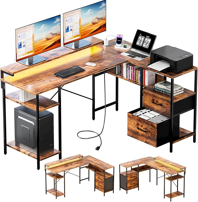 L-Shaped Home Office Desk with 2 Drawer Office Computer Desk with Monitor Stand Power Outlets and LED Lights Reversible Corner Gaming Desk 61 Inch Rustic Brown - LeafyLoom