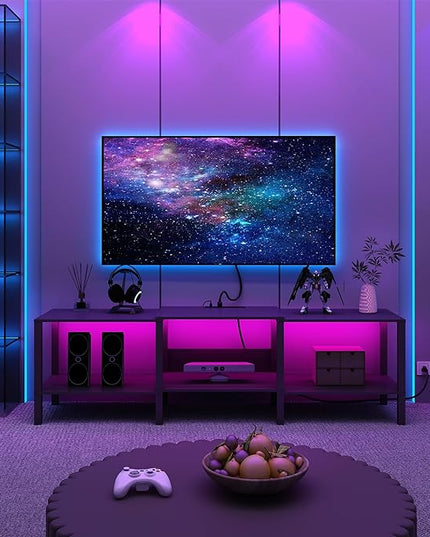 Black LED TV Stand with Power Outlet for Living Room+75 Inch Wood TV Media Console for 45/55/65/75 inch TVs，Industrial TV Stand，TV Stand Media Entertainment Center，Black LTV06BKE - LeafyLoom