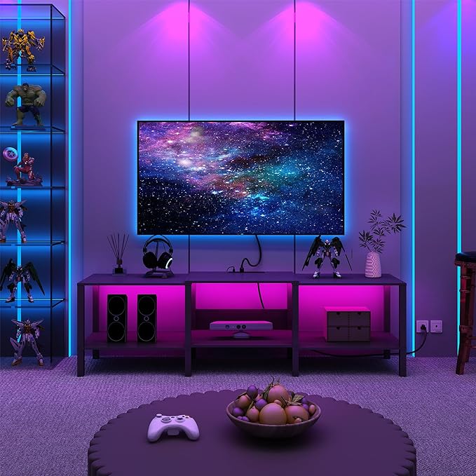 Black LED TV Stand with Power Outlet for Living Room+75 Inch Wood TV Media Console for 45/55/65/75 inch TVs，Industrial TV Stand，TV Stand Media Entertainment Center，Black LTV06BKE - LeafyLoom