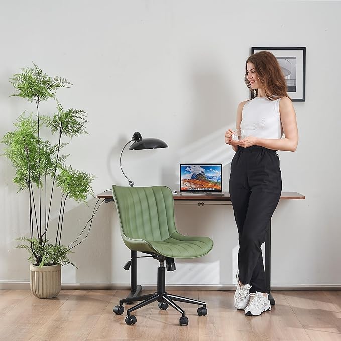 YOUNIKE Office Chair Swivel Desk Chair Upholstered Faux Leather Height Adjustable with Wheels Computer Task Chair Modern Rolling Armless with Back, Loads 300 lbs, Olive Green - LeafyLoom