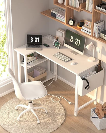 Lufeiya White L Shaped Computer Desk with Power Outlet Shelves, 40 Inch Small Corner Desk for Small Space Home Office, L-Shaped Desk PC Desks, White - LeafyLoom