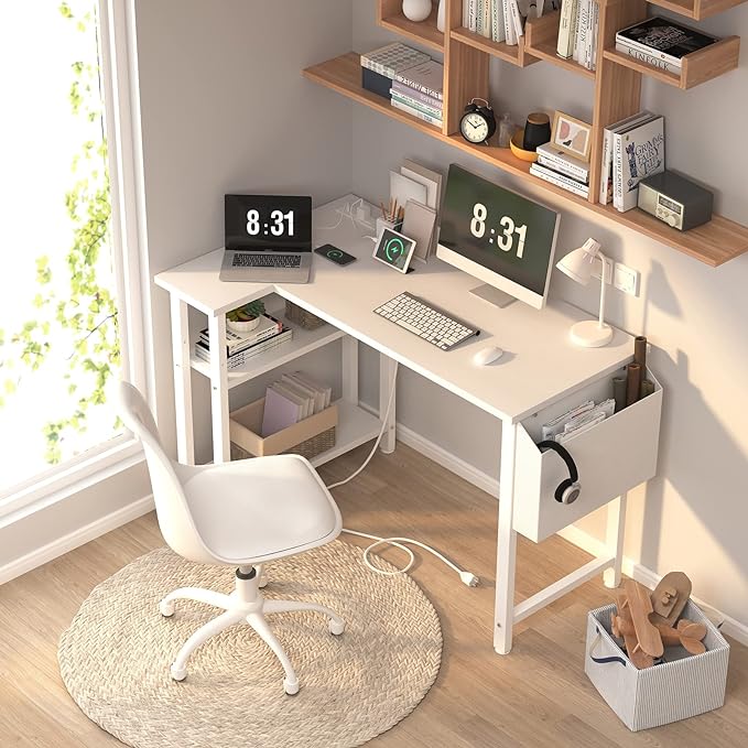 Lufeiya White L Shaped Computer Desk with Power Outlet Shelves, 40 Inch Small Corner Desk for Small Space Home Office, L-Shaped Desk PC Desks, White - LeafyLoom
