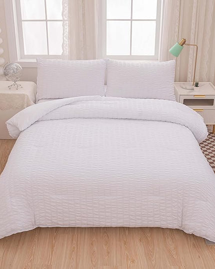 Seersucker Light White Bed Comforter Sets Queen Size for Women Boho White Seersucker Bedding Set 5 Pieces-Microfiber Lightweight Soft Bed Set for All Season,Queen - LeafyLoom