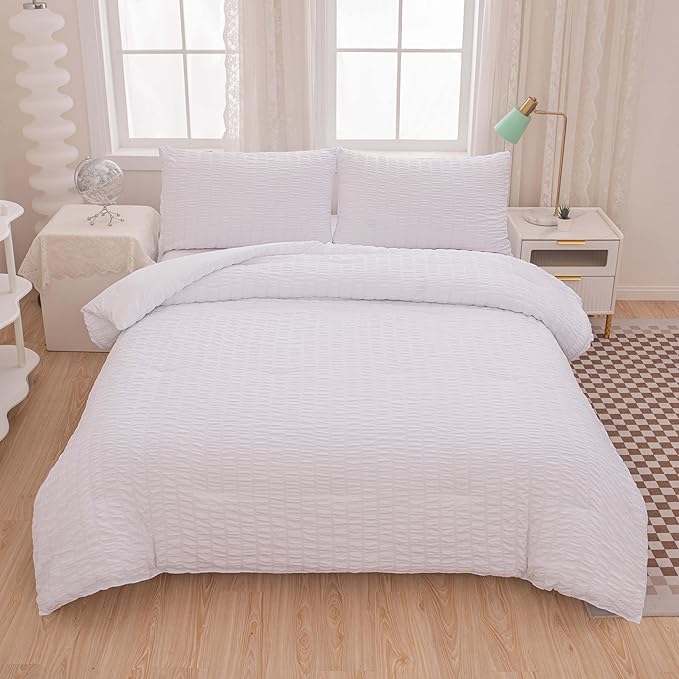 Seersucker Light White Bed Comforter Sets Queen Size for Women Boho White Seersucker Bedding Set 5 Pieces-Microfiber Lightweight Soft Bed Set for All Season,Queen - LeafyLoom