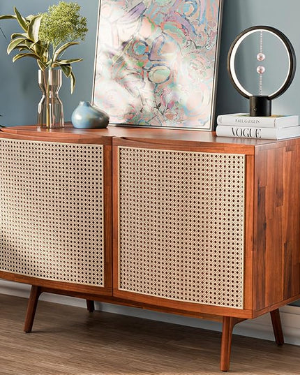 Bme Nancy Accent Cabinet, Elegant Curved Entryway Table with Storage with Soft-Close Doors, Solid Acacia Wood Frame with Adjustable Shelf and Levelers, Easy to Assemble, Anti-Tip Kit Included - LeafyLoom