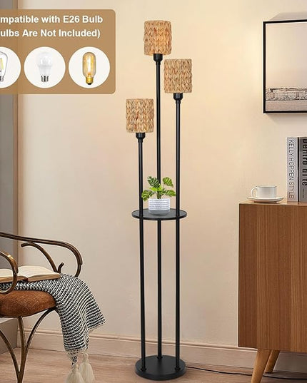 Boho Floor Lamp, 3-Lights Rattan Floor Lamp with Shelves, Farmhouse Floor Lamp with ON/OFF Foot Switch, Rustic Standing Lamp with Rattan Shades, Tall Shelf Floor Lamps for Living Room Bedroom - LeafyLoom
