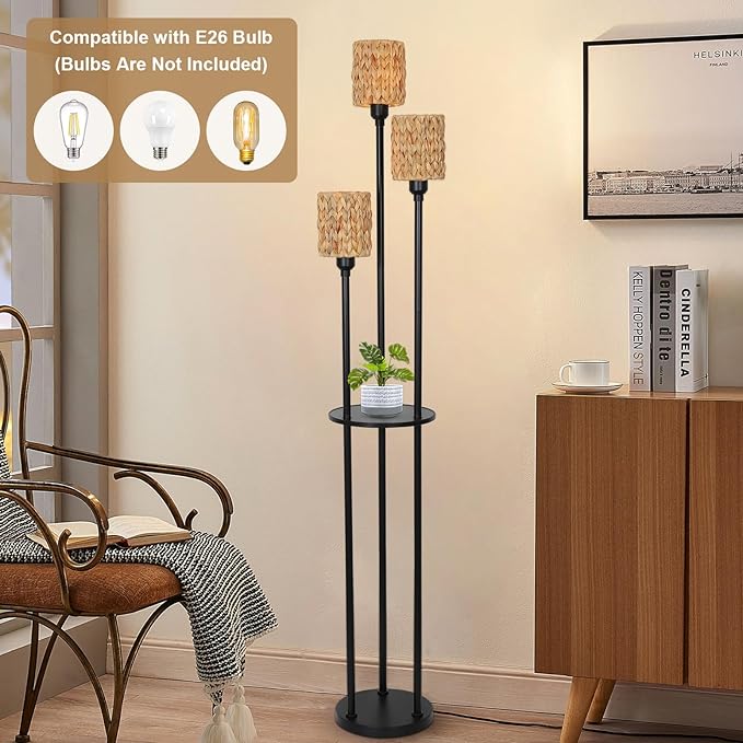 Boho Floor Lamp, 3-Lights Rattan Floor Lamp with Shelves, Farmhouse Floor Lamp with ON/OFF Foot Switch, Rustic Standing Lamp with Rattan Shades, Tall Shelf Floor Lamps for Living Room Bedroom - LeafyLoom
