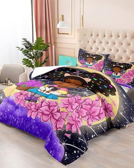Afro African Girls Comforter Set for Girls Bedroom Teens Black Girls Bedding Sets for Girls Lovely Little African American Girls Comforter with 2 Pillowcases Cute Princess Bedding Set, Queen Size - LeafyLoom