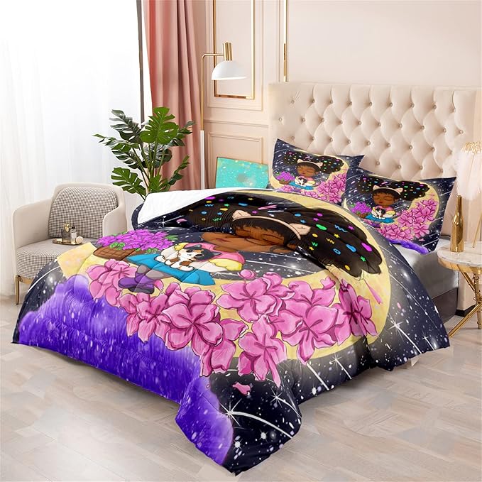 Afro African Girls Comforter Set for Girls Bedroom Teens Black Girls Bedding Sets for Girls Lovely Little African American Girls Comforter with 2 Pillowcases Cute Princess Bedding Set, Queen Size - LeafyLoom