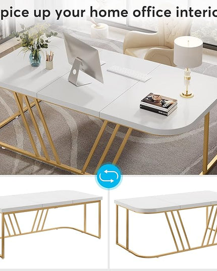 63 inches Executive Desk, Home Office Computer Desk, Modern Large Conference Table with Gold Metal Frame, Bussiness Furniture for Work Writing - LeafyLoom