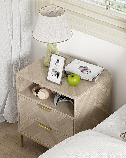 Anmytek Modern Nightstand for Bedroom, 2 Drawer Nightstand Square Bedside Table End Table with Storage for Bedroom, Sofa Side Table 2 Drawer Nightstand, Natural Oak, H0103 - LeafyLoom