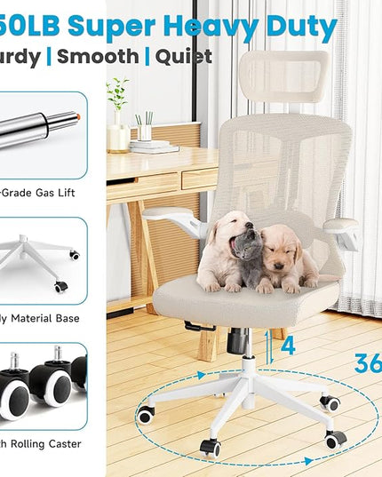 Ergonomic Office Chair - Comfy Desk Chairs with Wheels and Arms, 500LB Heavy Duty Mesh Computer Chairs with Comfortable Head Lumbar Back Support for Office, Bedroom, Study and College Dorm - LeafyLoom