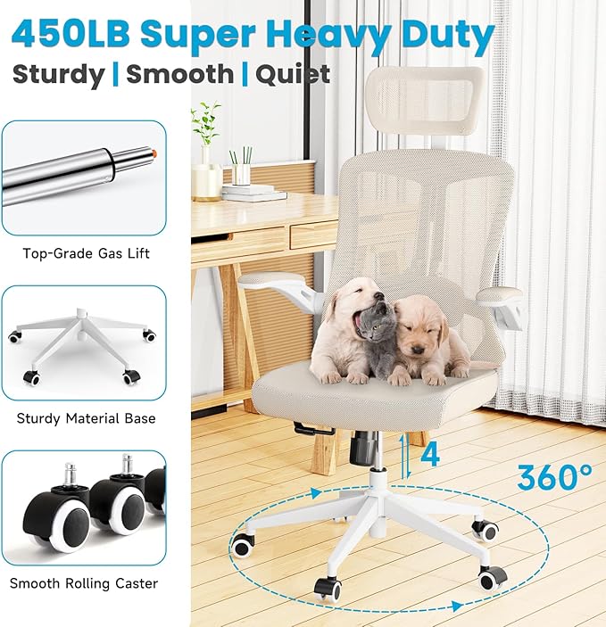 Ergonomic Office Chair - Comfy Desk Chairs with Wheels and Arms, 500LB Heavy Duty Mesh Computer Chairs with Comfortable Head Lumbar Back Support for Office, Bedroom, Study and College Dorm - LeafyLoom