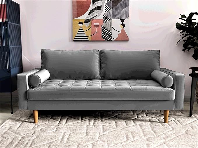 S5457 Mid Century Modern Velvet Upholstered Tufted Living Room Sofa, 69.68", Grey - LeafyLoom