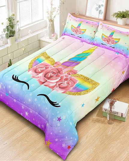 Unicorn Bedding Twin for Girls, Colorful Rainbow Comforter Set with Pink Unicorn Bedding Comforter, Cute Bed Set for Kids Teens, Ultra Soft and Fluffy - LeafyLoom
