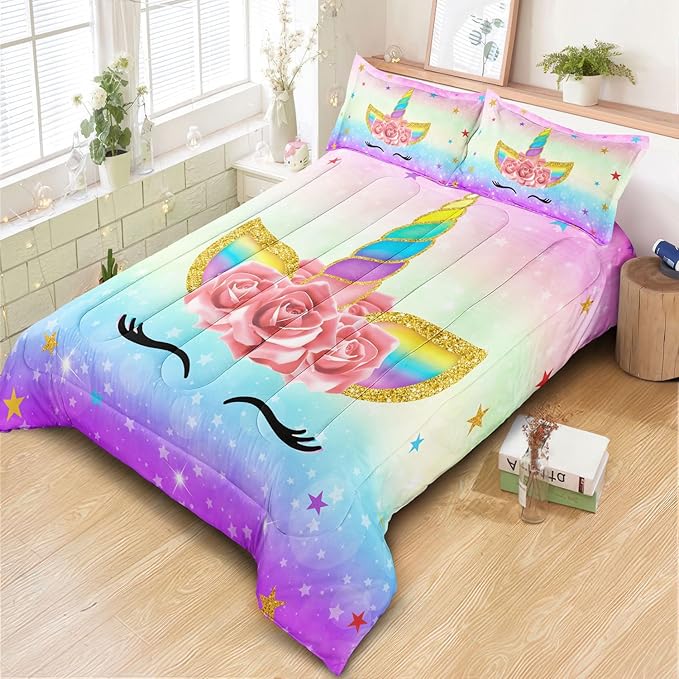 Unicorn Bedding Twin for Girls, Colorful Rainbow Comforter Set with Pink Unicorn Bedding Comforter, Cute Bed Set for Kids Teens, Ultra Soft and Fluffy - LeafyLoom
