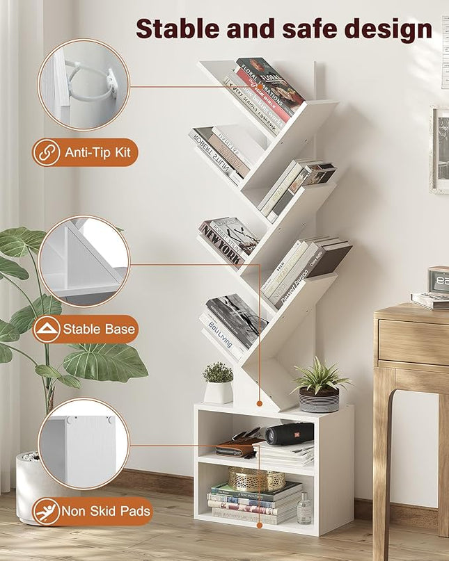 SUNMORY 6 Tier Tree Bookshelf, Tall Bookcase with Storage Cabinet, Modern Narrow Bookshelves Organizer, Floor Standing Book Shelf for Bedroom/Living Room/Home Office/Corner, White - LeafyLoom