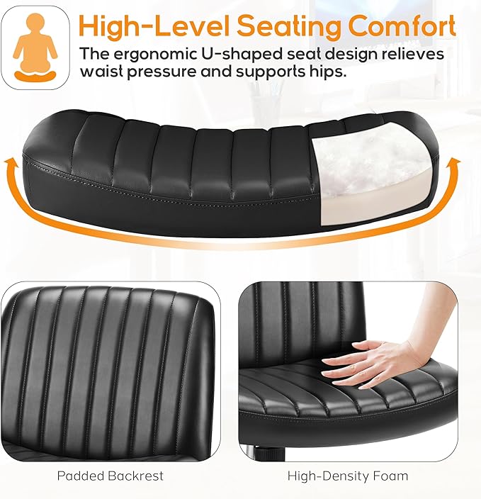 Criss Cross Chair, Cross Legged Office Chair, Wide Comfty Desk Chair, No Wheels Armless Computer Task Chair, Swivel Vanity Home Chair, Height Adjustable - LeafyLoom