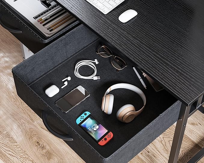 ODK 40 Inch Small Desk with Fabric Drawers- for Bedroom, Black Study Desk with Storage, Home Office Computer Desk for Small Spaces, Modern Work Writing Kids Table, Black - LeafyLoom