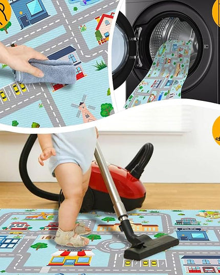 Kids Car Rug, 5' 3" x8' City Life Traffic Road Playmat for Toy Cars Trains, Non-Slip Race Track Carpet Educational Fun Area Rugs for Boy and Girl Bedroom Nursery - LeafyLoom