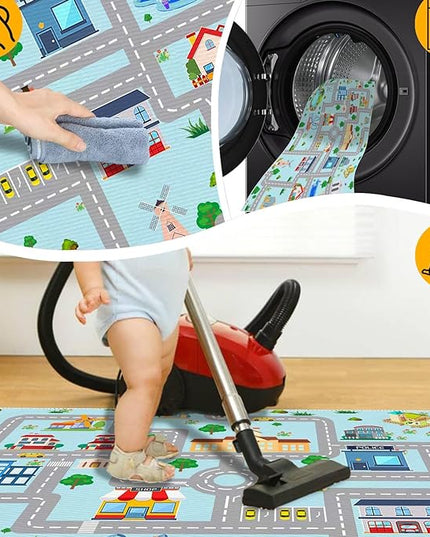 Kids Car Rug,4x6 City Life Traffic Road Playmat for Toy Cars Trains, Non-Slip Race Track Carpet Educational Fun Area Rugs for Boy and Girl Bedroom Nursery - LeafyLoom