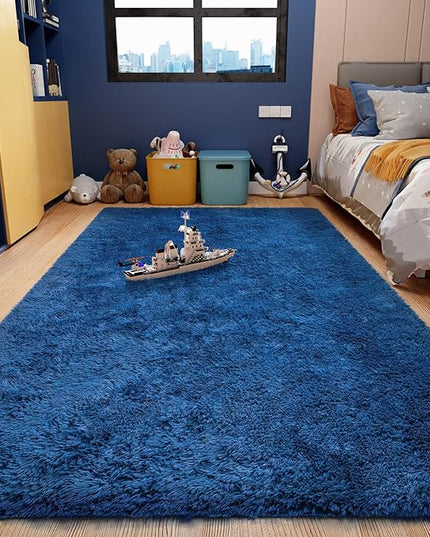 Ophanie Machine Washable Upgrade 4x6 Blue Rugs for bedroom, Dark Blue Fluffy Shaggy Soft carpet, Navy Indoor Floor Carpet for Kids Baby Boys Teen Dorm Room, Nursery,Home Decor Aesthetic - LeafyLoom