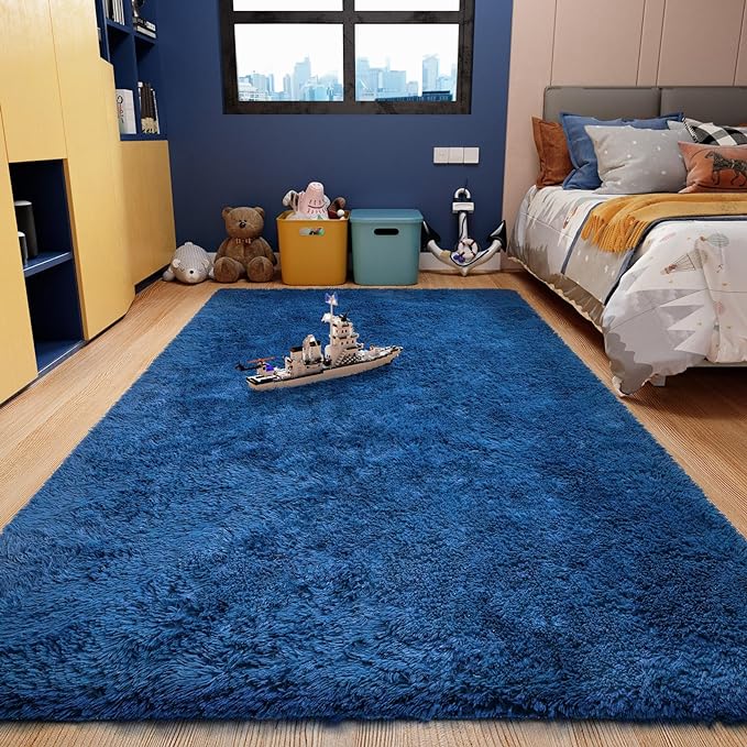 Ophanie Machine Washable Upgrade 4x6 Blue Rugs for bedroom, Dark Blue Fluffy Shaggy Soft carpet, Navy Indoor Floor Carpet for Kids Baby Boys Teen Dorm Room, Nursery,Home Decor Aesthetic - LeafyLoom