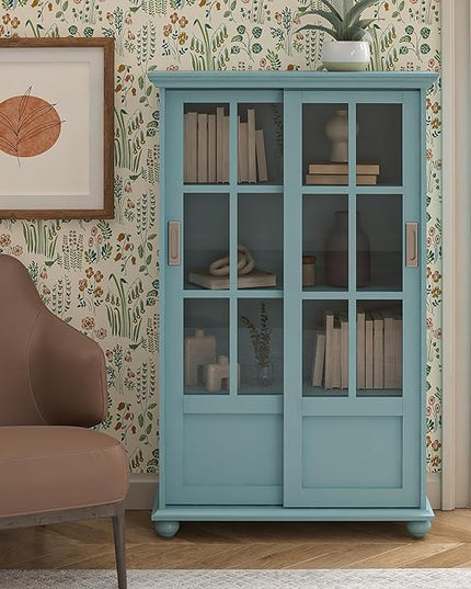 Ameriwood Home Aaron Lane Bookcase with Sliding Glass Doors, Pale Blue - LeafyLoom