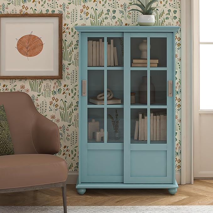 Ameriwood Home Aaron Lane Bookcase with Sliding Glass Doors, Pale Blue - LeafyLoom