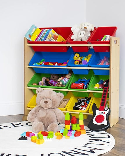 Humble Crew, Natural/Primary Kids' Toy Storage Organizer with 12 Plastic Bins, 34*35*15.5inch - LeafyLoom